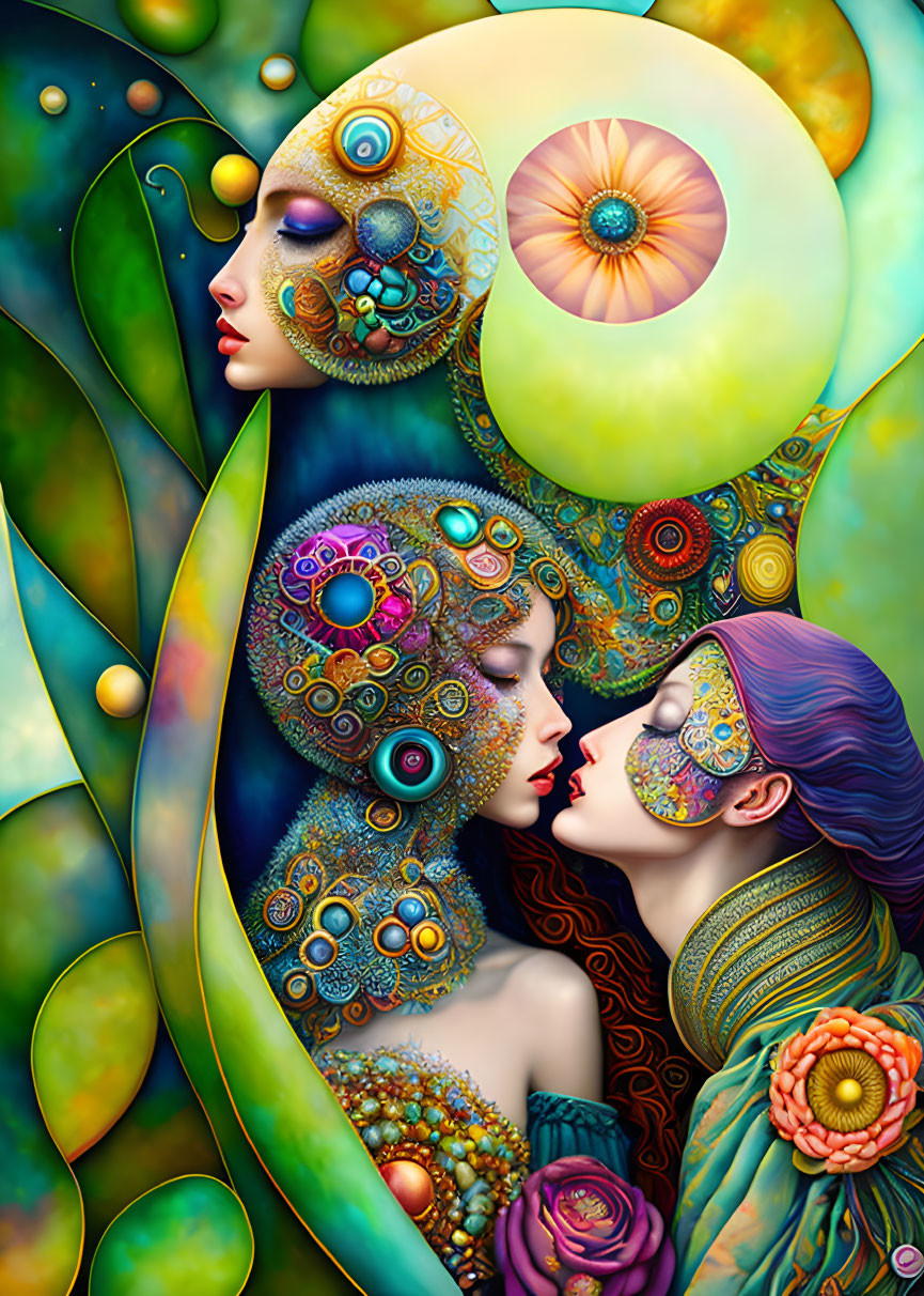 Vibrant surreal artwork: three female faces with intricate patterns and floral elements