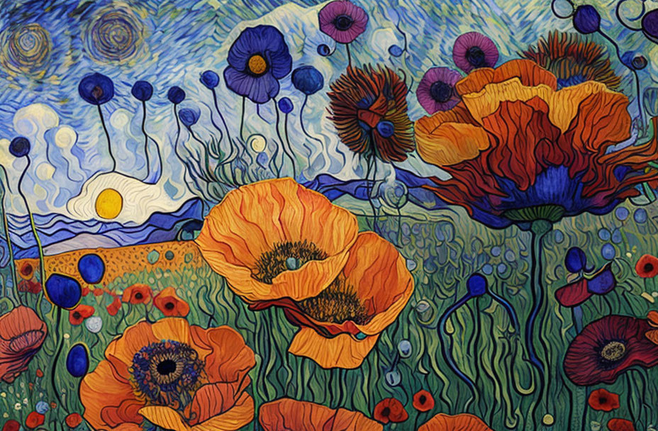 Colorful painting: Van Gogh-inspired poppies in fiery orange-red against swirling blue sky