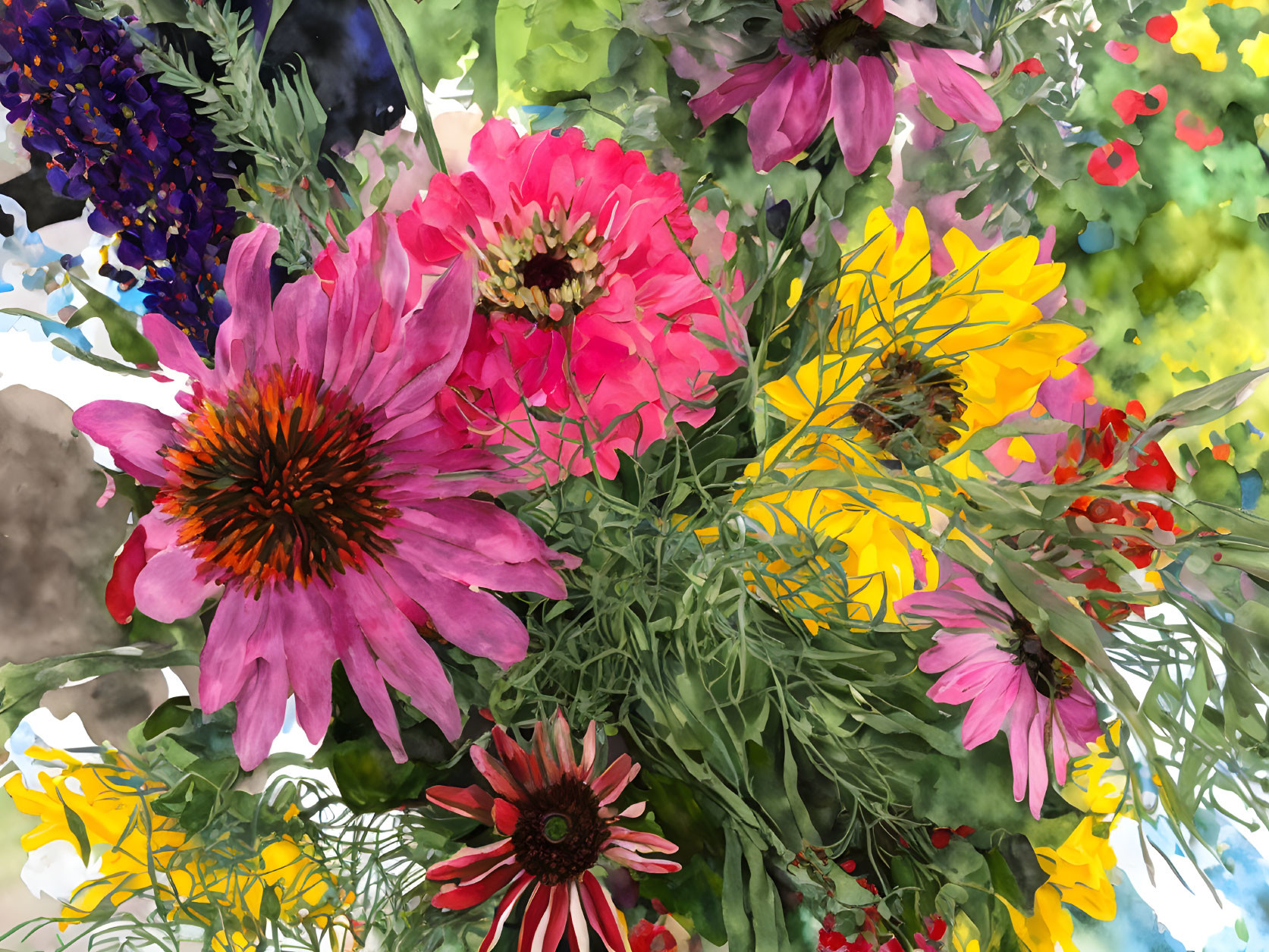 Assorted colorful flowers in vibrant watercolor painting