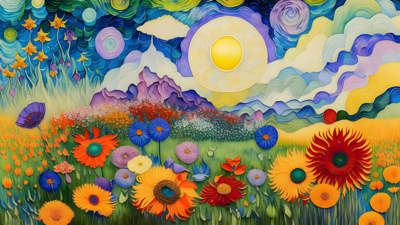 Colorful Flower Landscape with Swirling Skies and Bright Sun