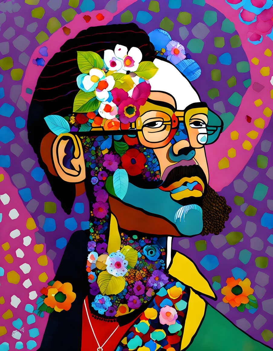 Vibrant portrait of a bearded person with floral face cover, bold background patterns, and glasses