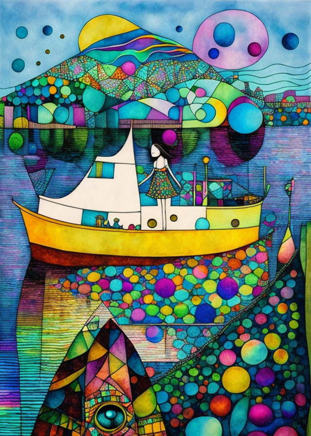 Vibrant Boat Illustration in Colorful Landscape