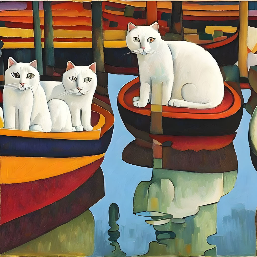 Three white cats with blue eyes in colorful rowboats on calm water