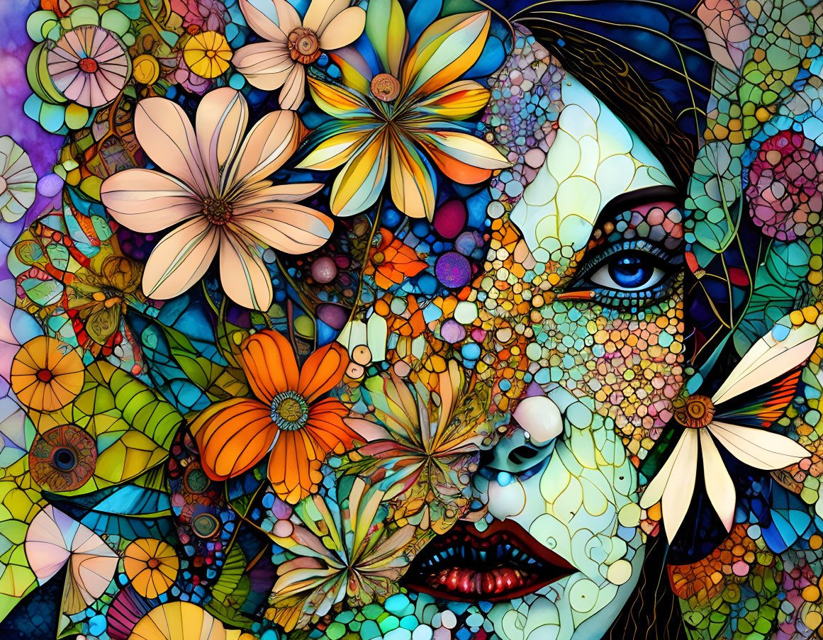 Colorful Mosaic Artwork of Woman's Face Among Flowers & Geometric Shapes