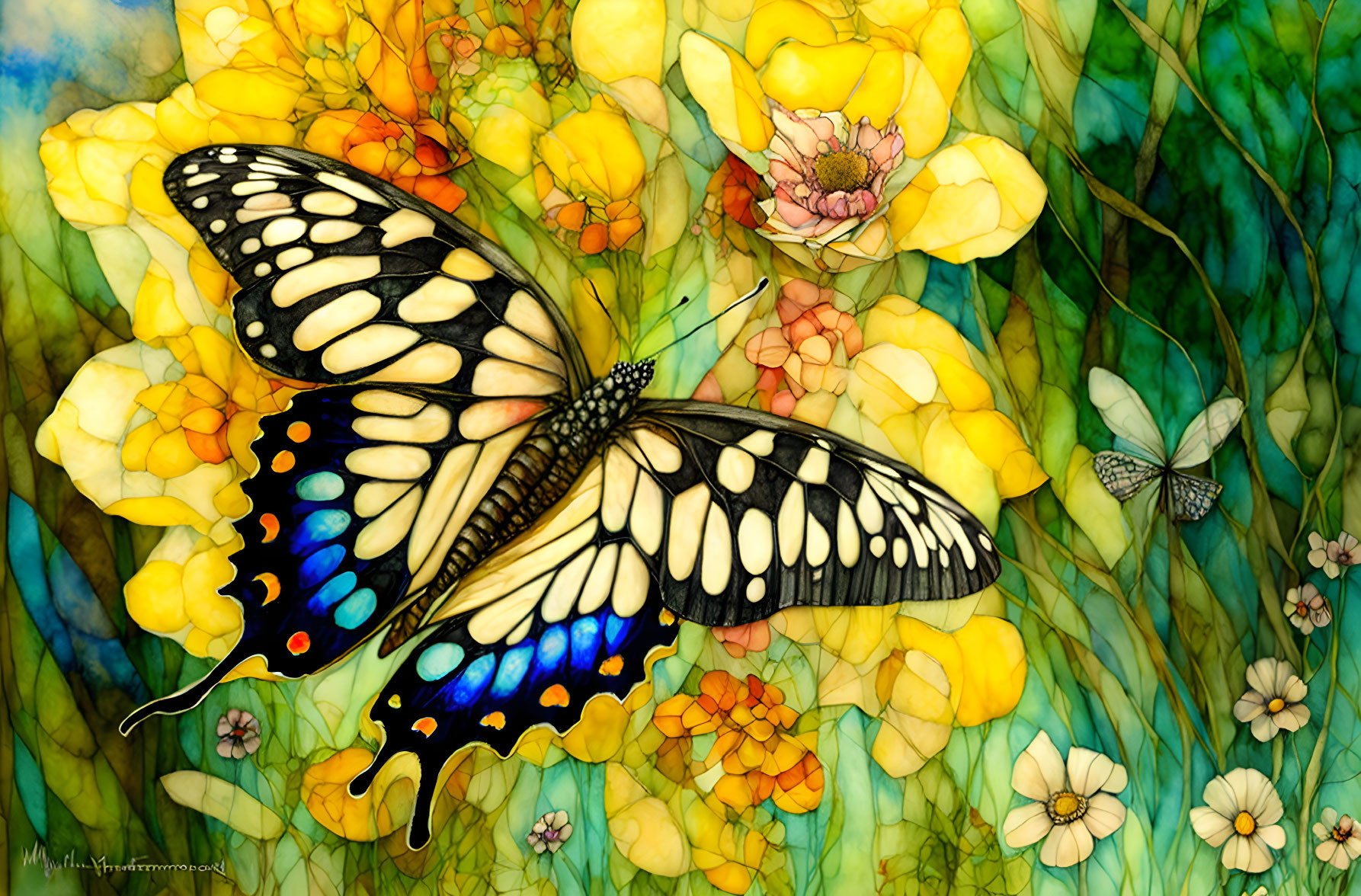 Colorful Butterfly Illustration on Yellow Flowers with Stained-Glass Background