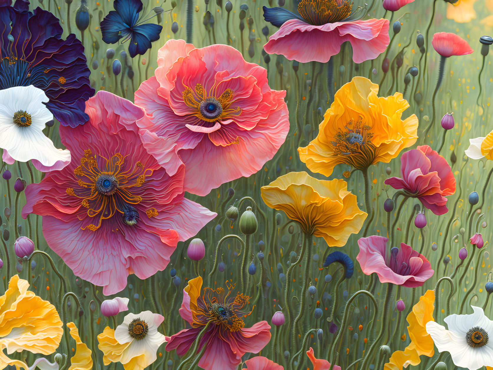 Colorful Poppy Flowers in Different Stages of Bloom on Textured Green Background