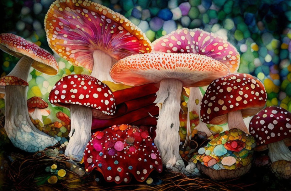 Whimsical mushroom illustration on vibrant bokeh background