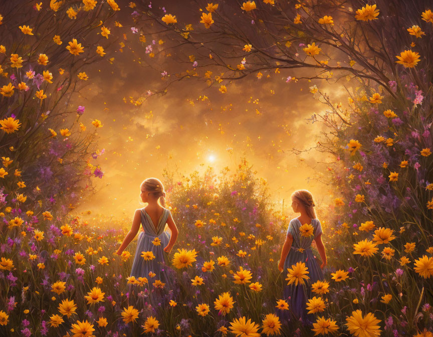 Two girls in white dresses in sunlit flower field with glowing butterflies