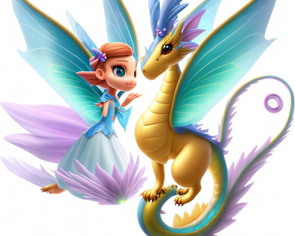 Stylized fairy and golden dragon with purple accents hovering above a purple flower