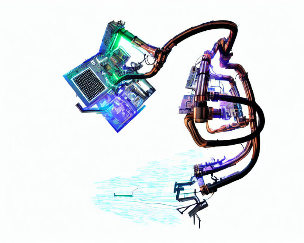 Digital illustration: Computer motherboard transforms into robotic arm with light beam.