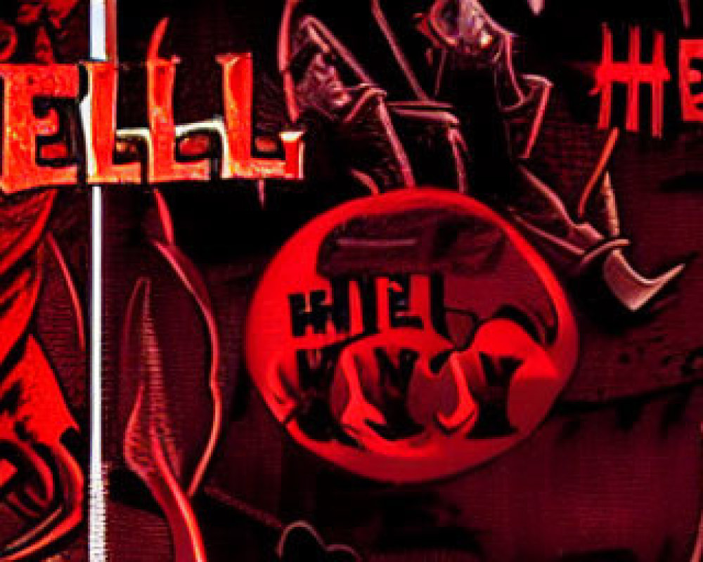 Fiery "Hell" graphic on dark red backdrop with demonic figures