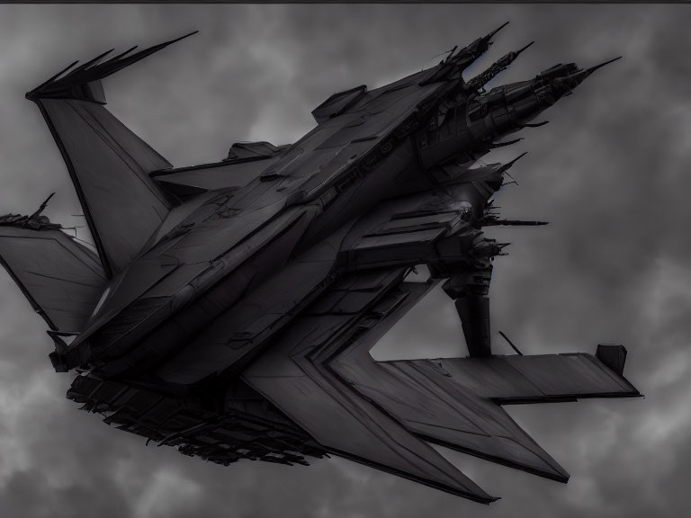 Futuristic dark jet with sharp angles flying under cloudy sky