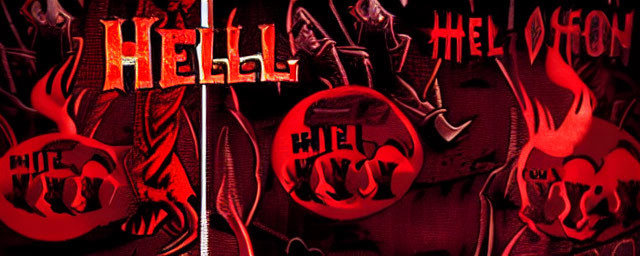 Fiery "Hell" graphic on dark red backdrop with demonic figures