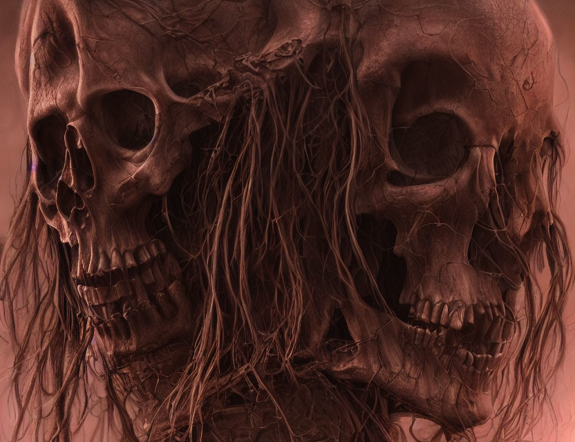 Dark-haired human skulls facing each other on dark background.