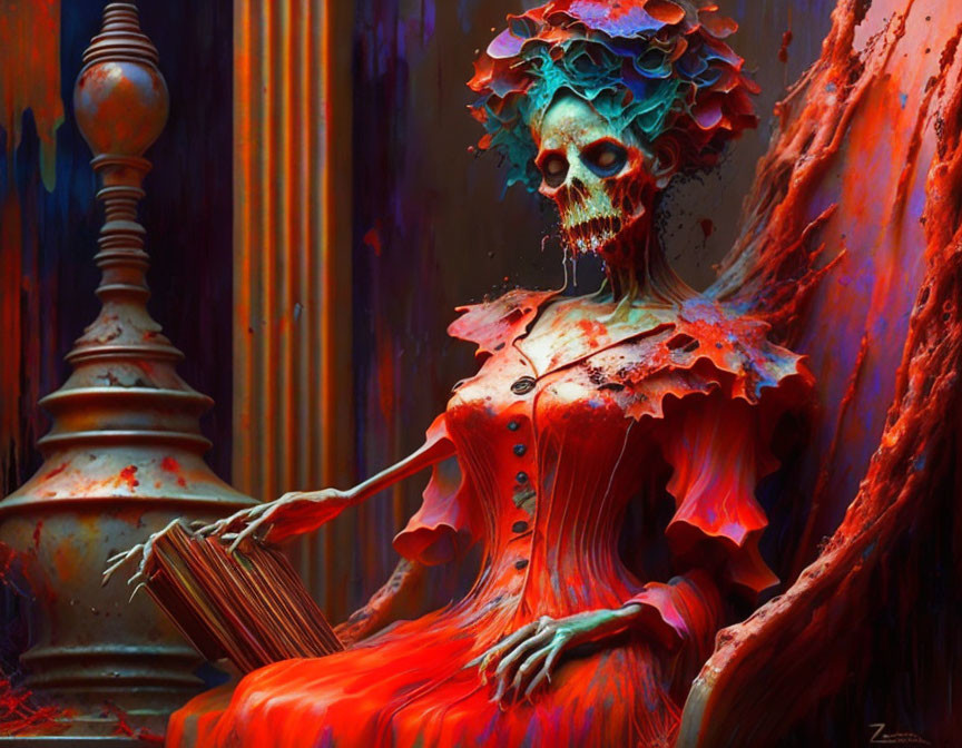 Skeletal Figure in Ornate Chair with Floral Headdress