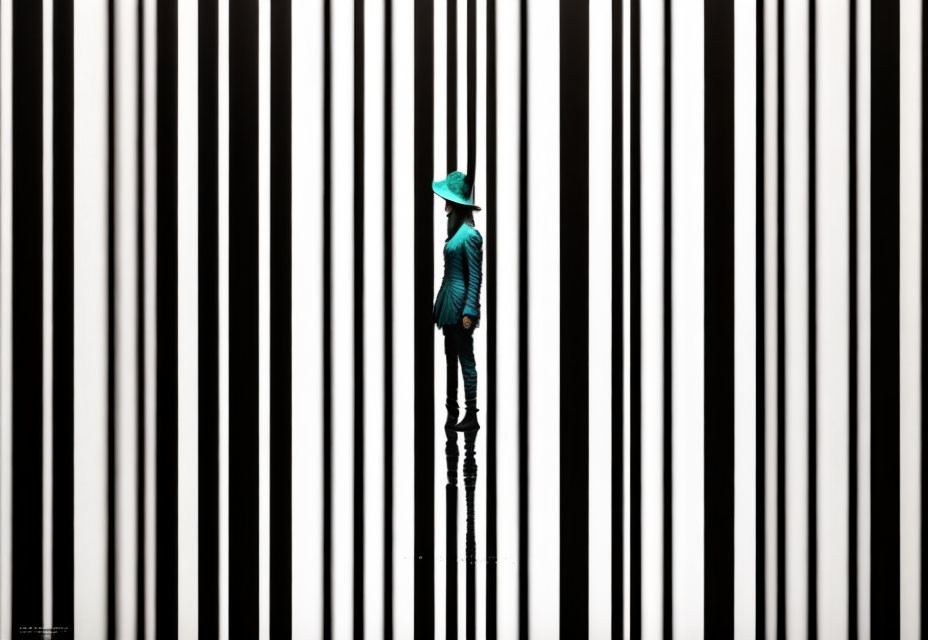 Figure in Turquoise Hat Against Striped Background