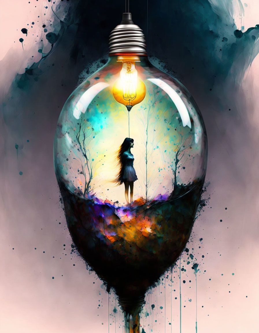 Surreal Scene Inside a Light Bulb with Dreamlike Landscape
