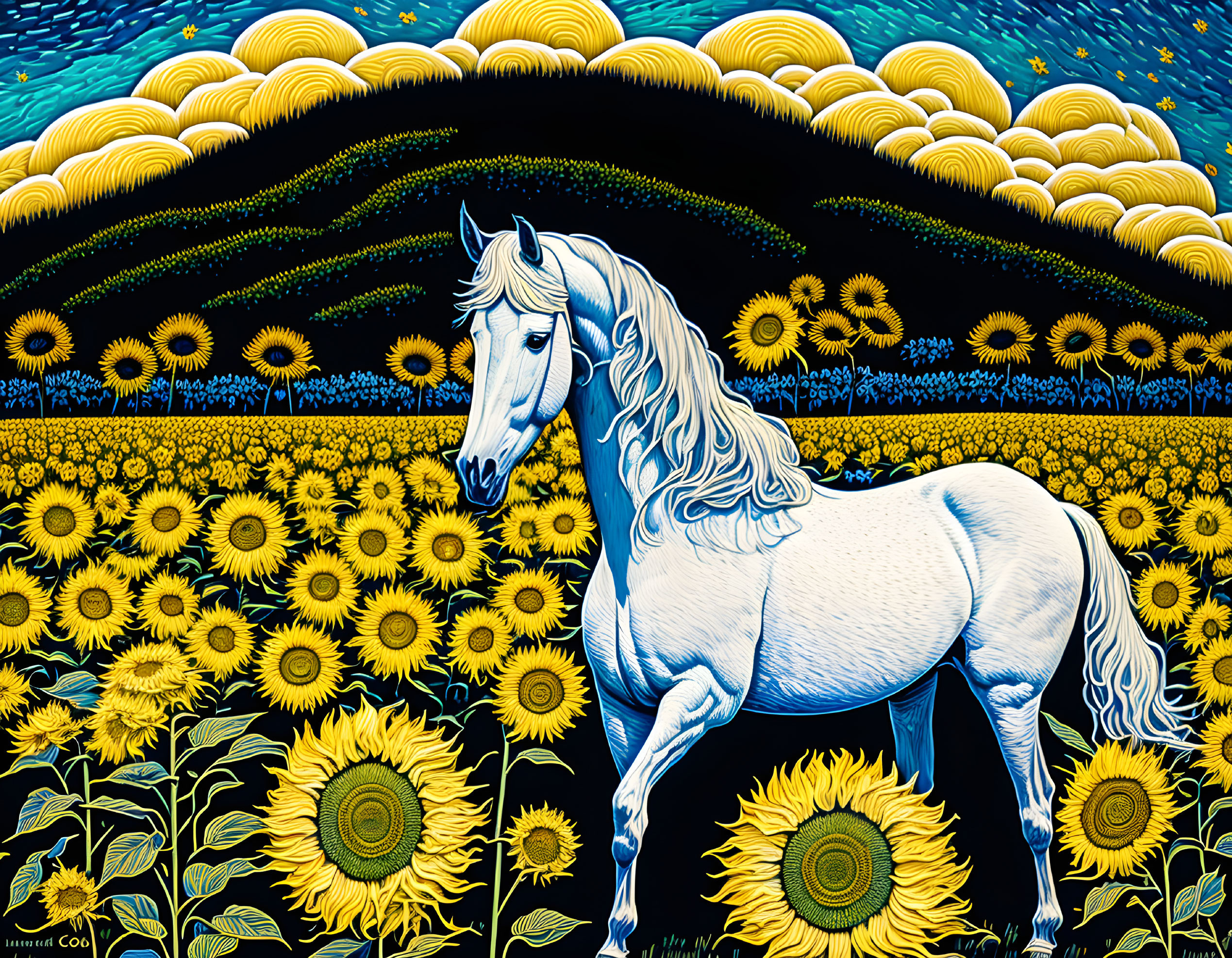 White Horse in Sunflower Field with Yellow Sky and Hill Silhouette