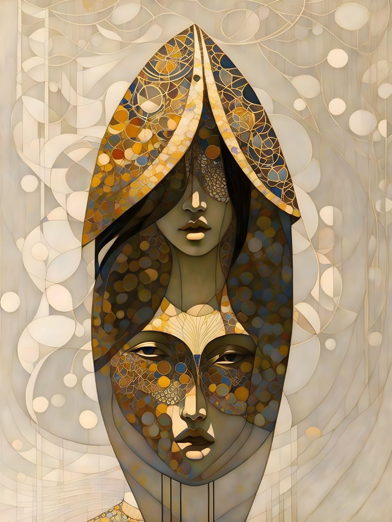 Stylized digital art of a golden female figure with abstract patterns