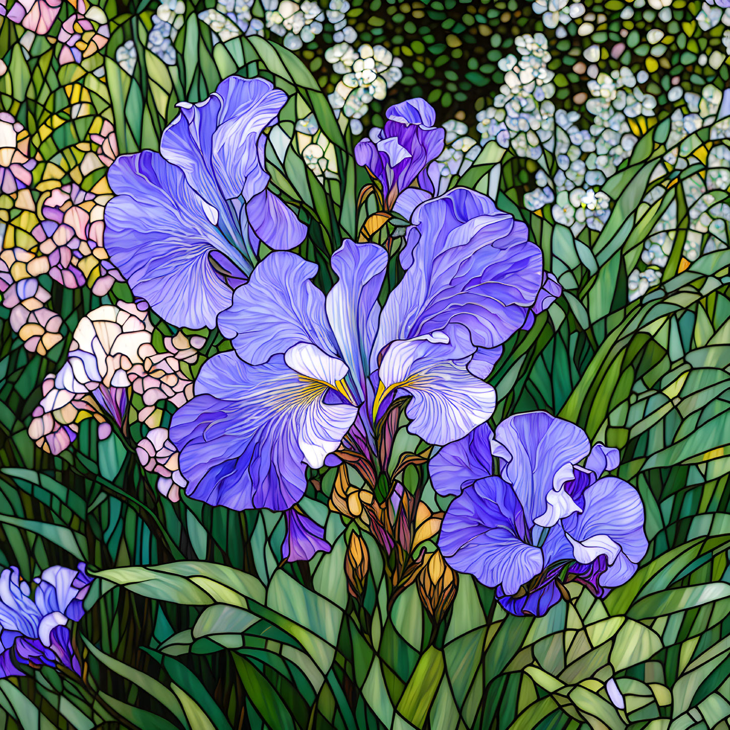 Colorful irises and flowers in stained glass style.