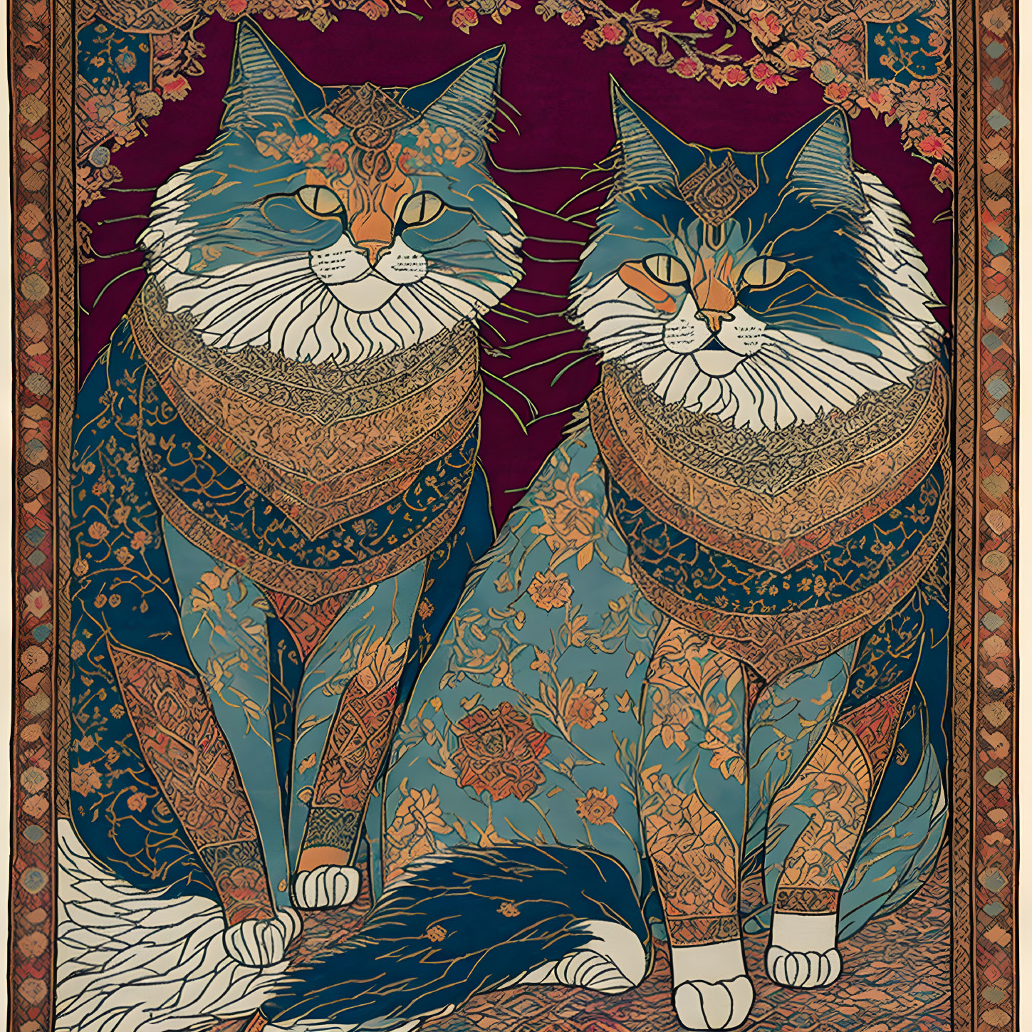 Ornate Cats in Regal Tapestry Style on Purple Background