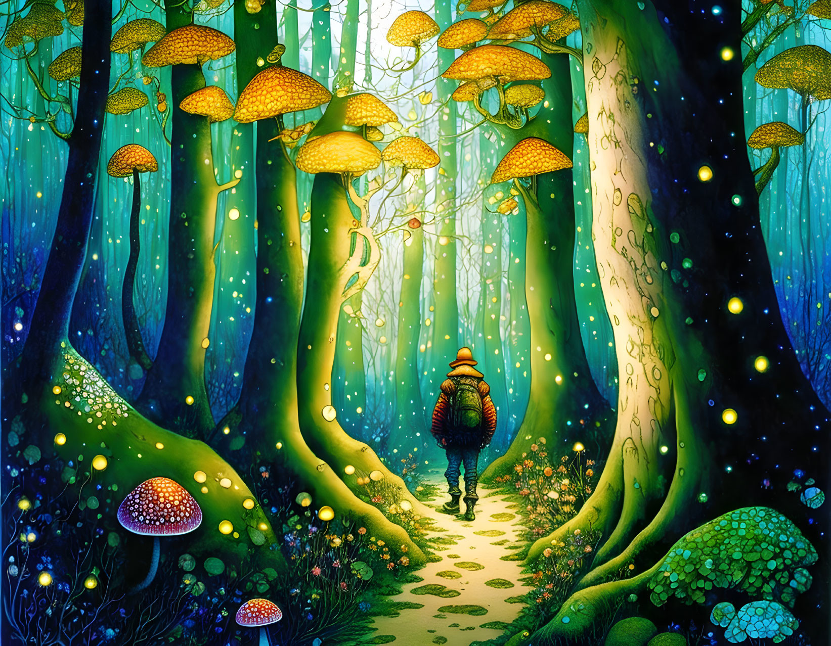 Enchanted forest with glowing mushrooms and trees