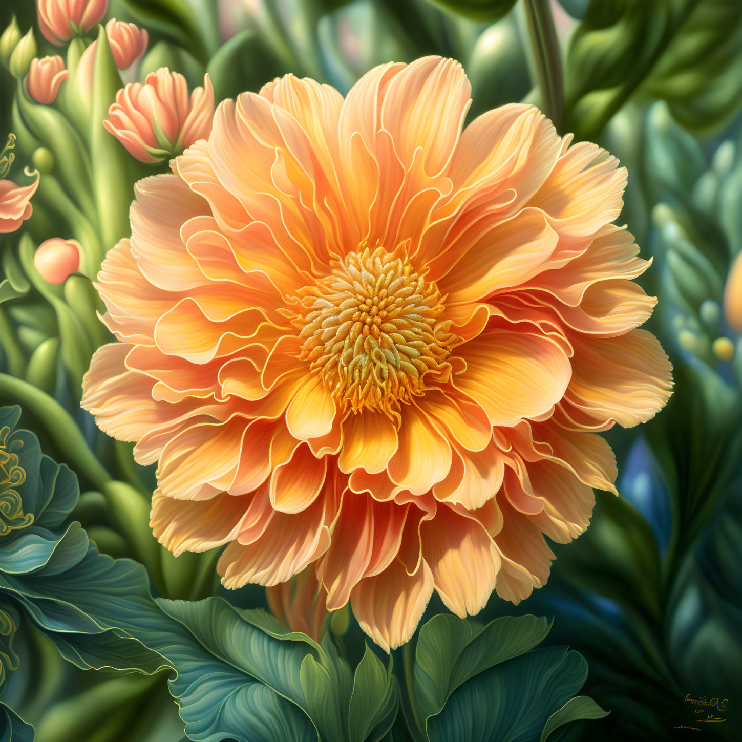 Colorful Orange Peony Illustration with Detailed Petals and Green Foliage