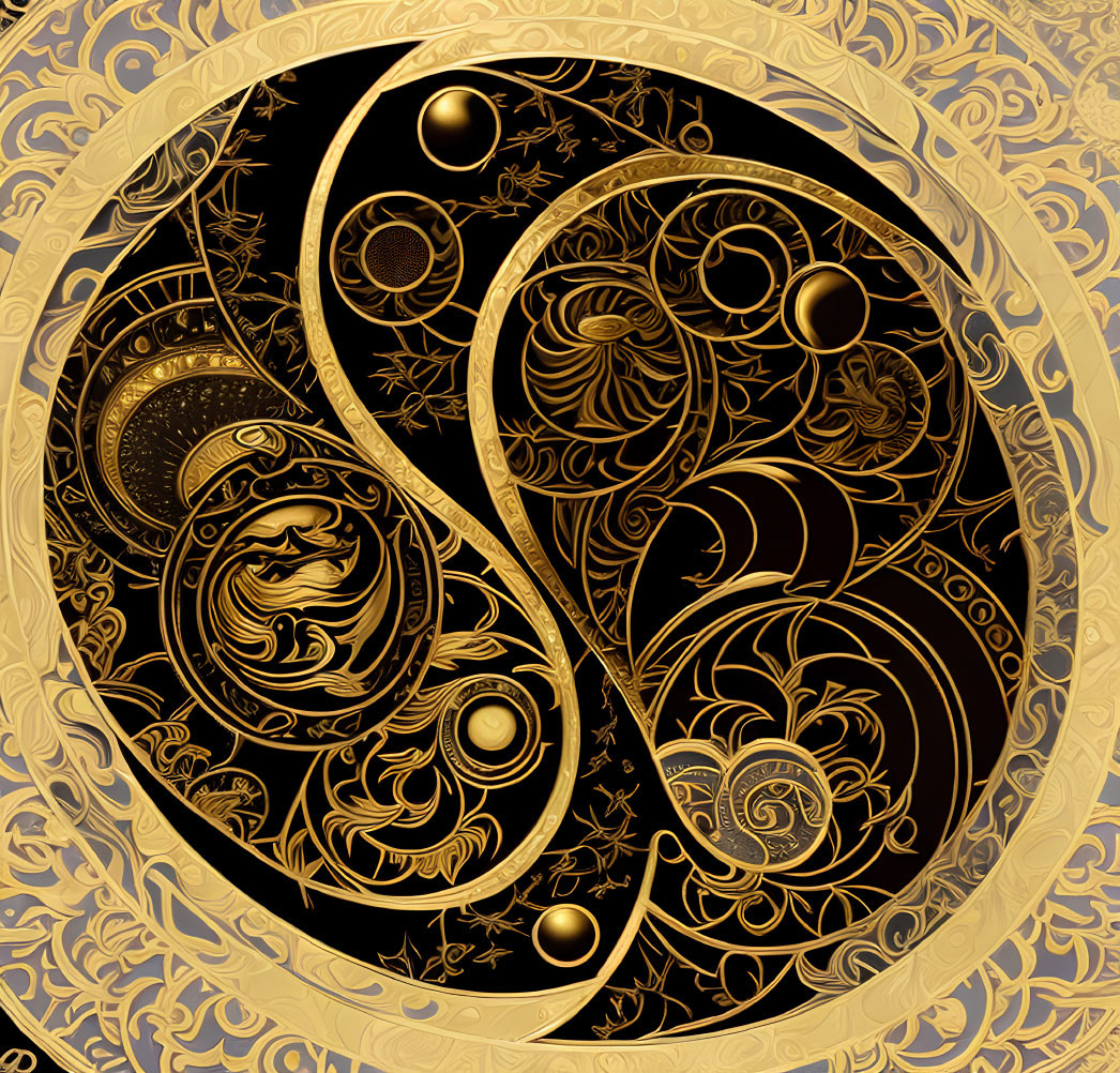 Intricate gold and black yin-yang symbol with celestial motifs