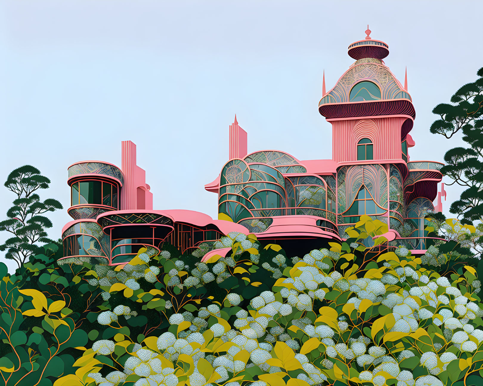 Whimsical Pink Architecture in Lush Green Forest