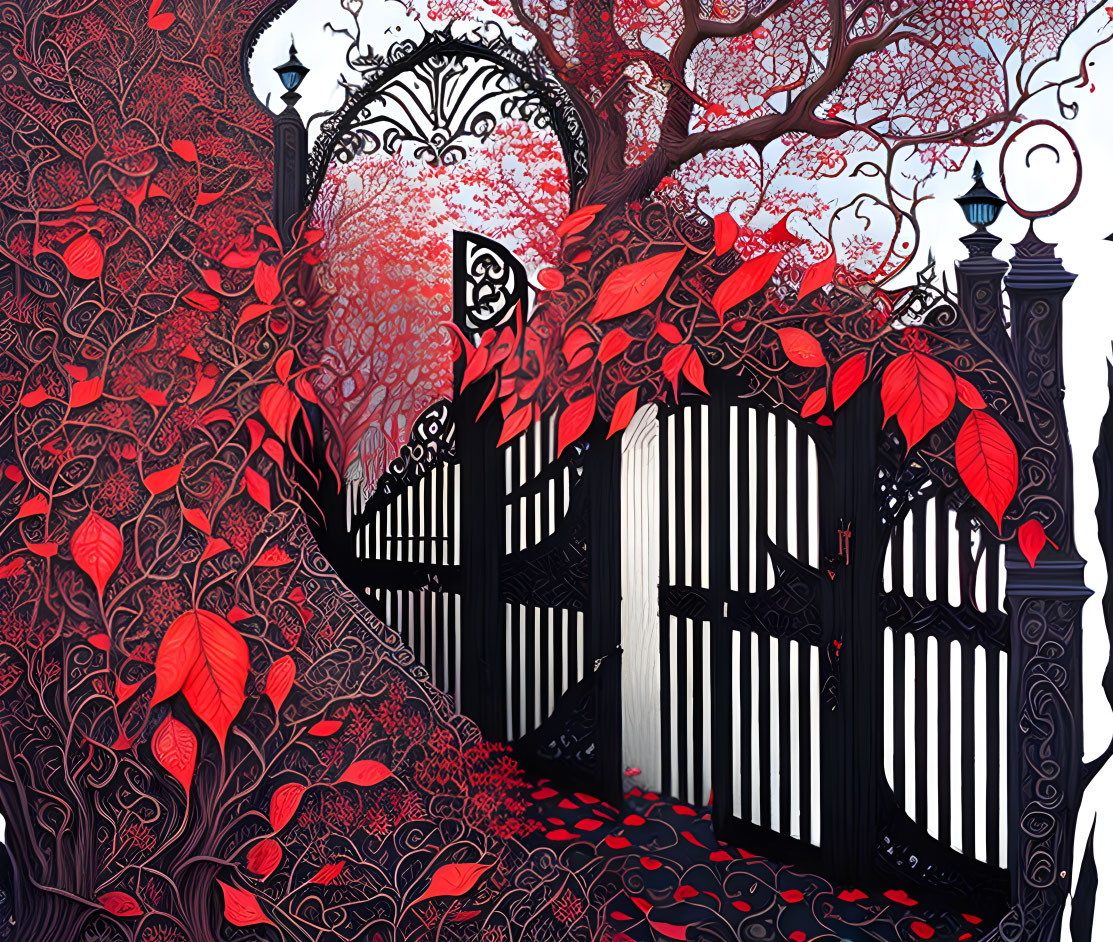 Detailed illustration: Black wrought-iron gate in red and black leafy setting