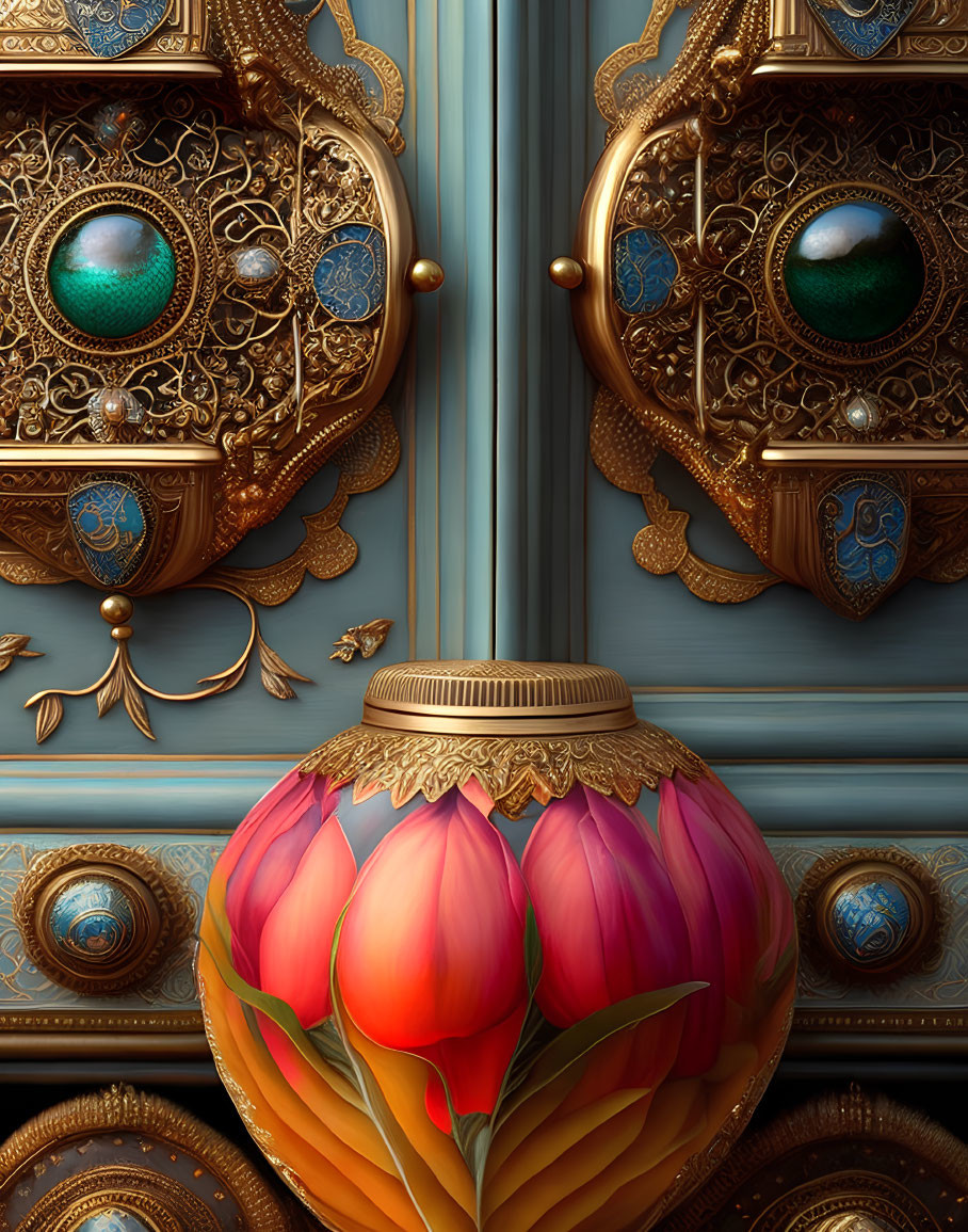 Golden door handles with green gemstones on ornate blue door with floral designs and flower ornament.