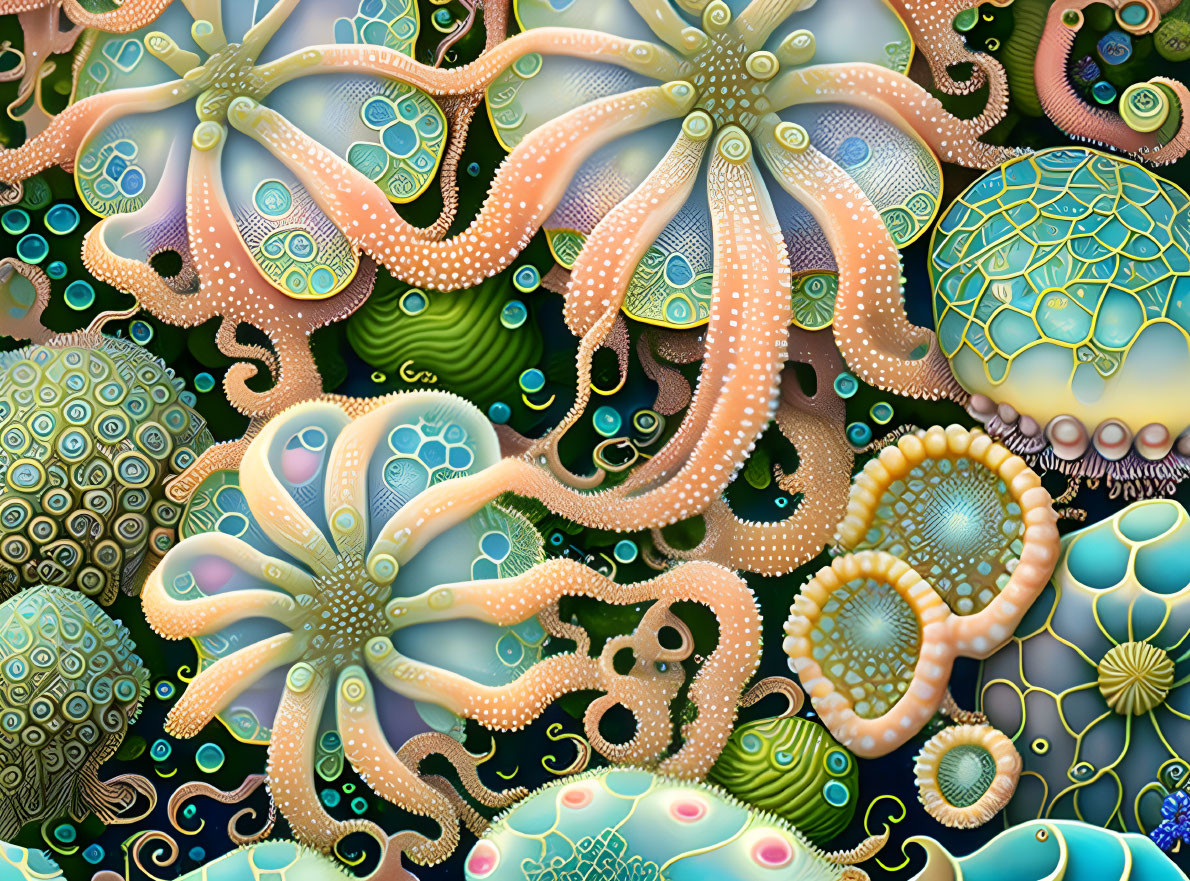 Colorful Digital Art: Underwater Scene with Octopuses & Sea Patterns