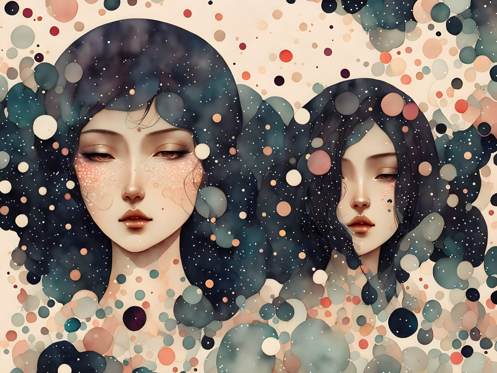 Illustrated female figures in cosmic setting with multicolored dots.