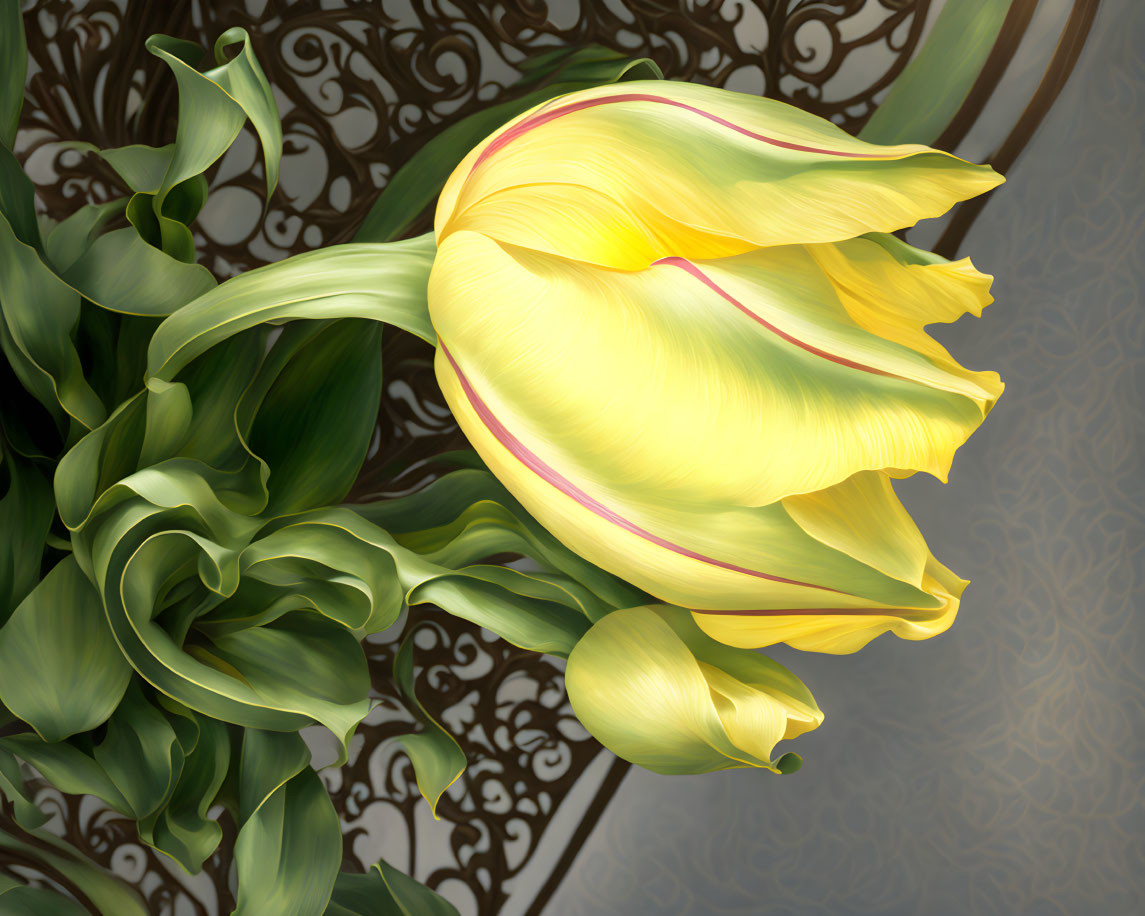 Yellow Tulip with Pink Edge on Brown Patterned Background