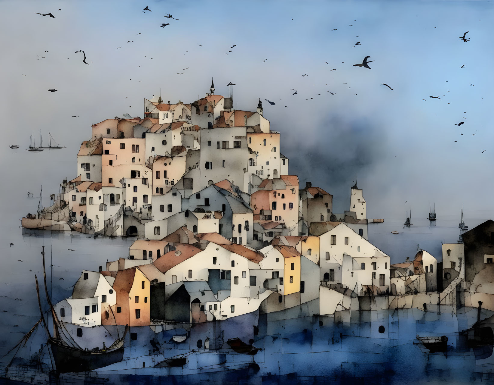 Clustered Coastal Village with Boats and Birds in Soft Watercolor Style