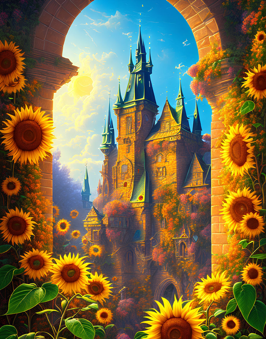 Castle with spires in sunflower field under sunlit sky and stone archway