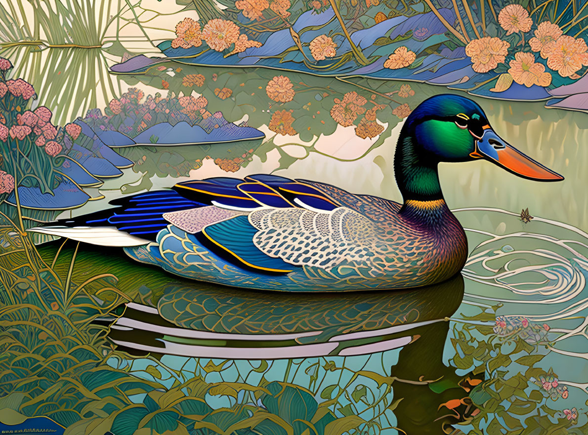 Colorful Duck Floating on Tranquil Pond with Art Nouveau Design