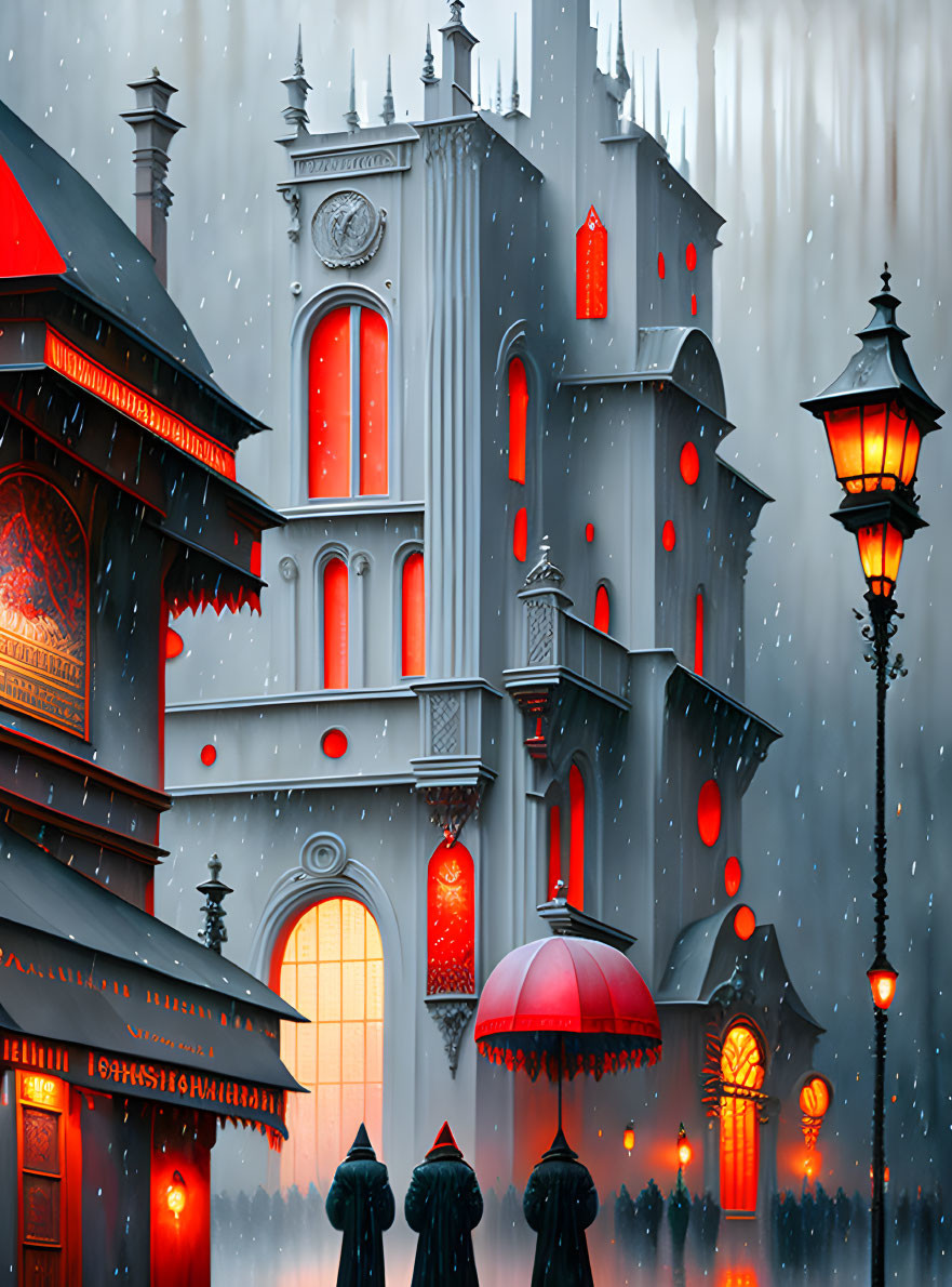 Gothic-style building in snowy setting with red window glows and silhouettes.