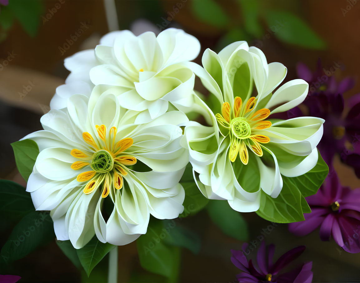 Vibrant white dahlias with yellow-green centers on soft-focus green and purple backdrop