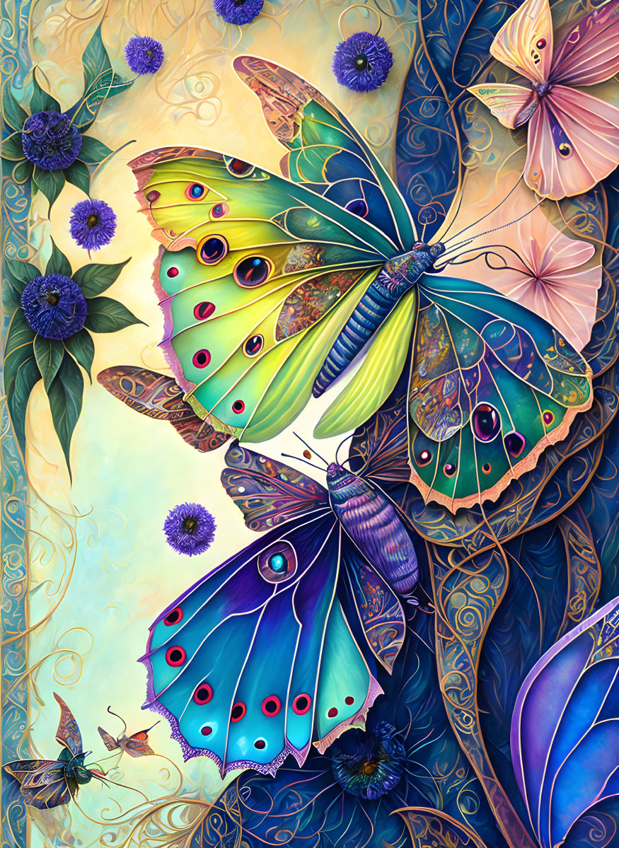 Colorful Butterfly Illustration with Floral and Swirling Designs