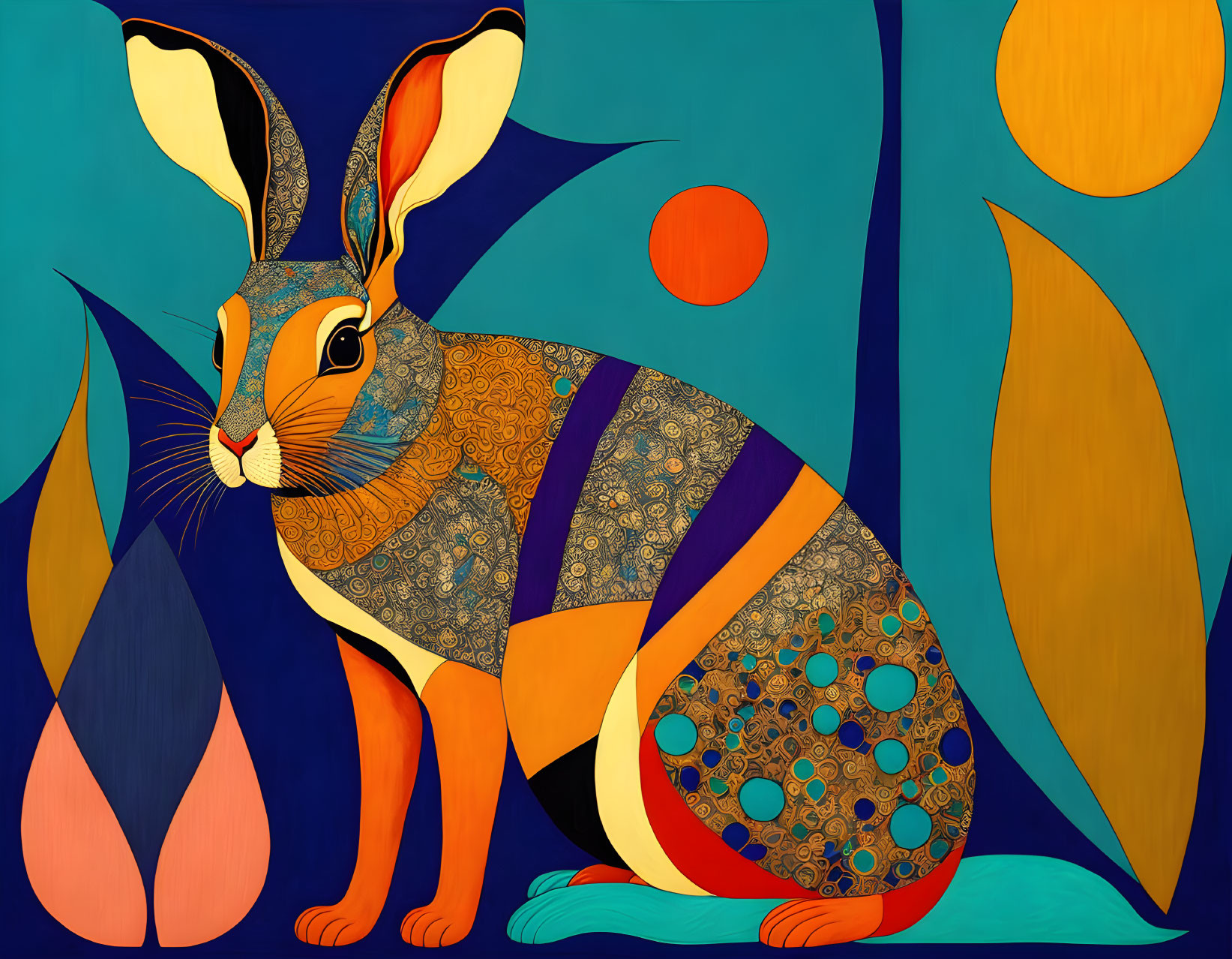 Colorful Rabbit Illustration with Decorative Patterns on Blue Background