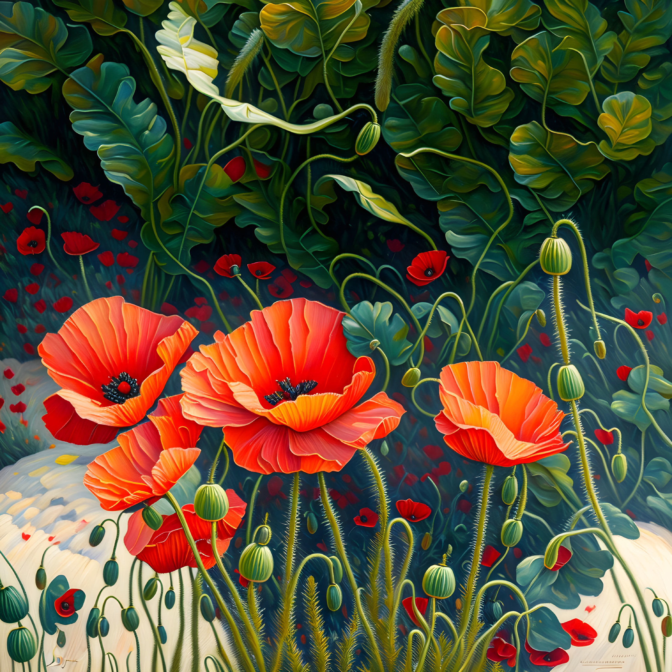 Red poppies painting with green foliage and buds on textured background