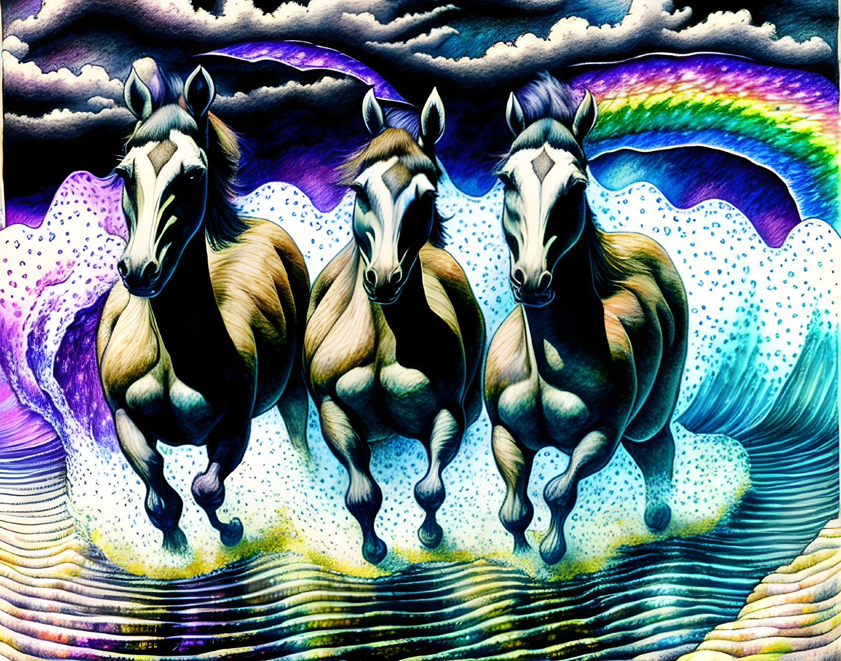 Colorful Surreal Illustration of Vibrant Galloping Horses