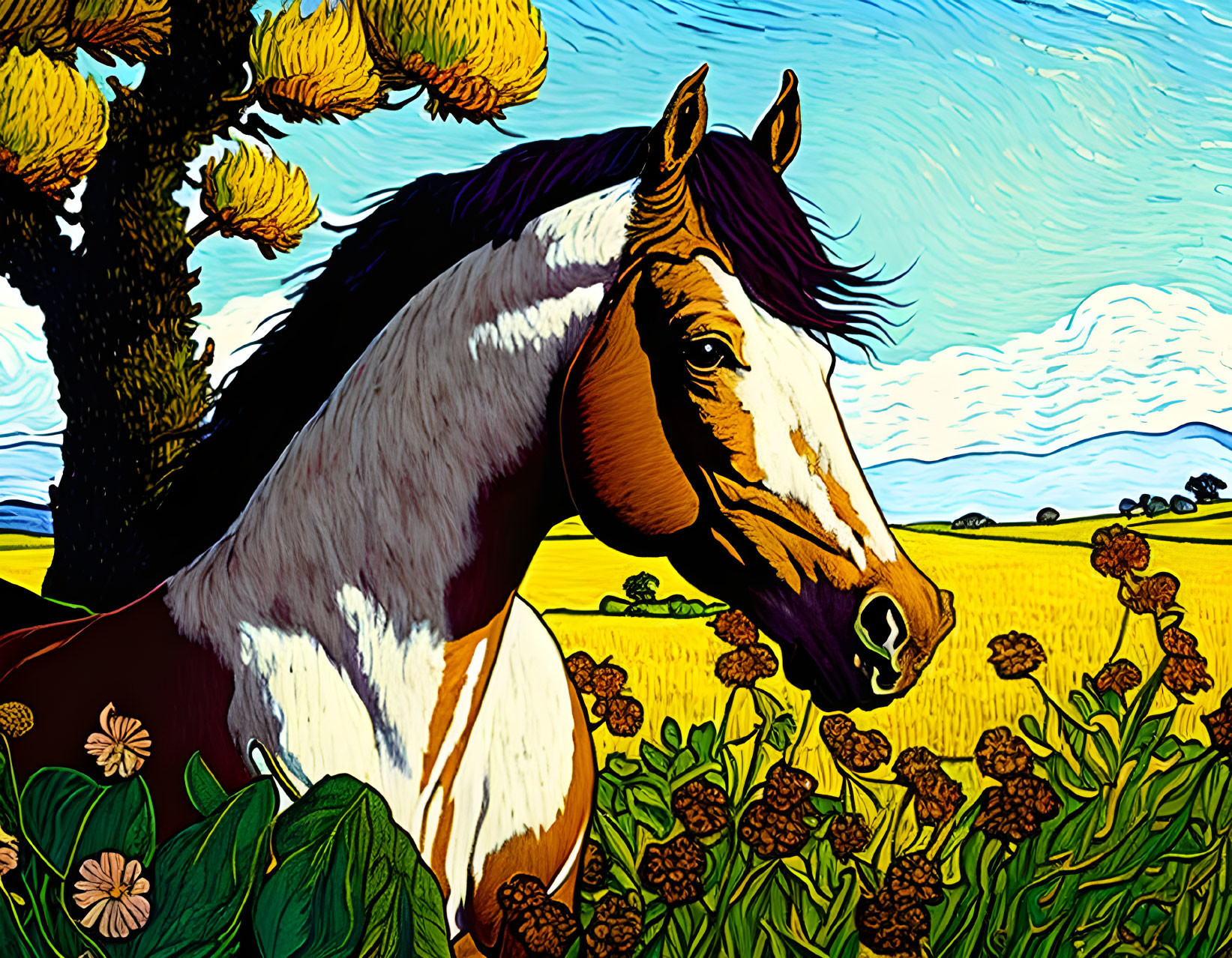 Colorful illustration: Patchy brown and white horse in vibrant field with yellow trees and blue skies