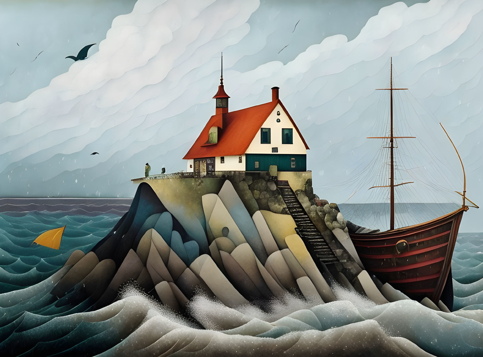 Whimsical house on geometric cliffs with ship in stylized ocean