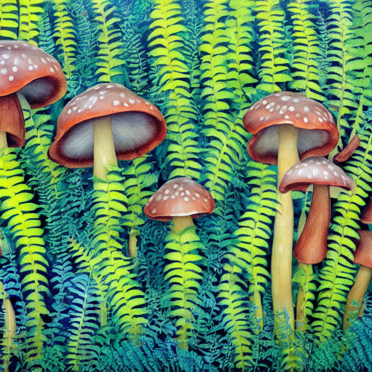 Colorful Mushroom Painting Among Green Ferns