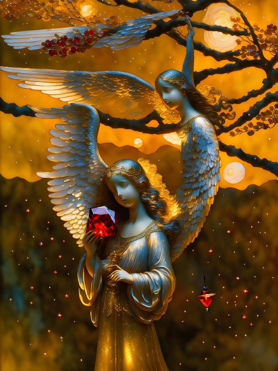 Ethereal angelic figures with blue wings and glowing red gemstone in golden foliage