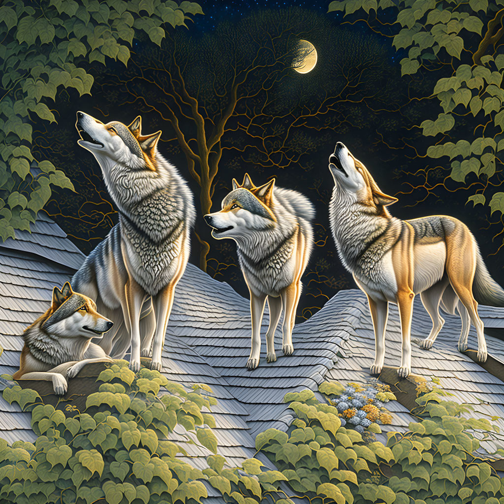 Four wolves howling on rocky outcrop under crescent moon.