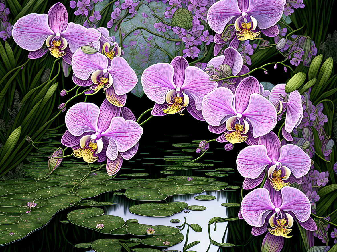 Vibrant purple orchids in lush greenery with water lilies on pond