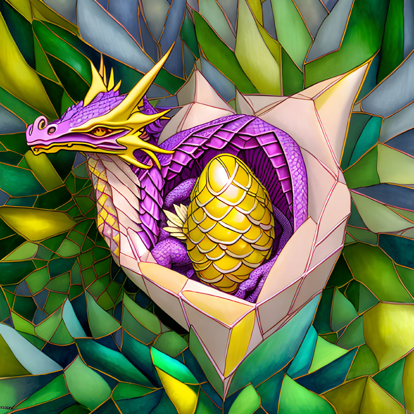 Colorful purple and yellow dragon in crystal structure with leaf-like shapes